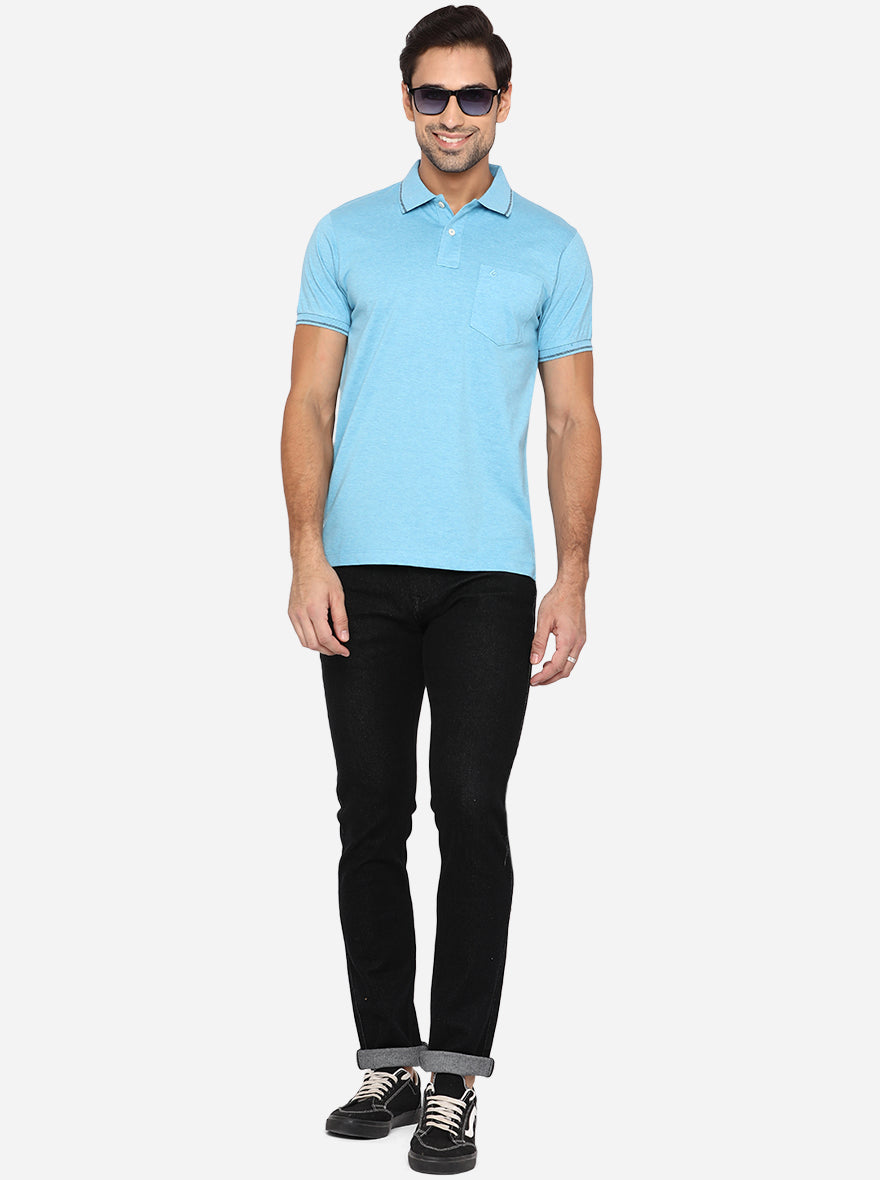 Sky Blue Solid Slim Fit Polo T-Shirt | Greenfibre