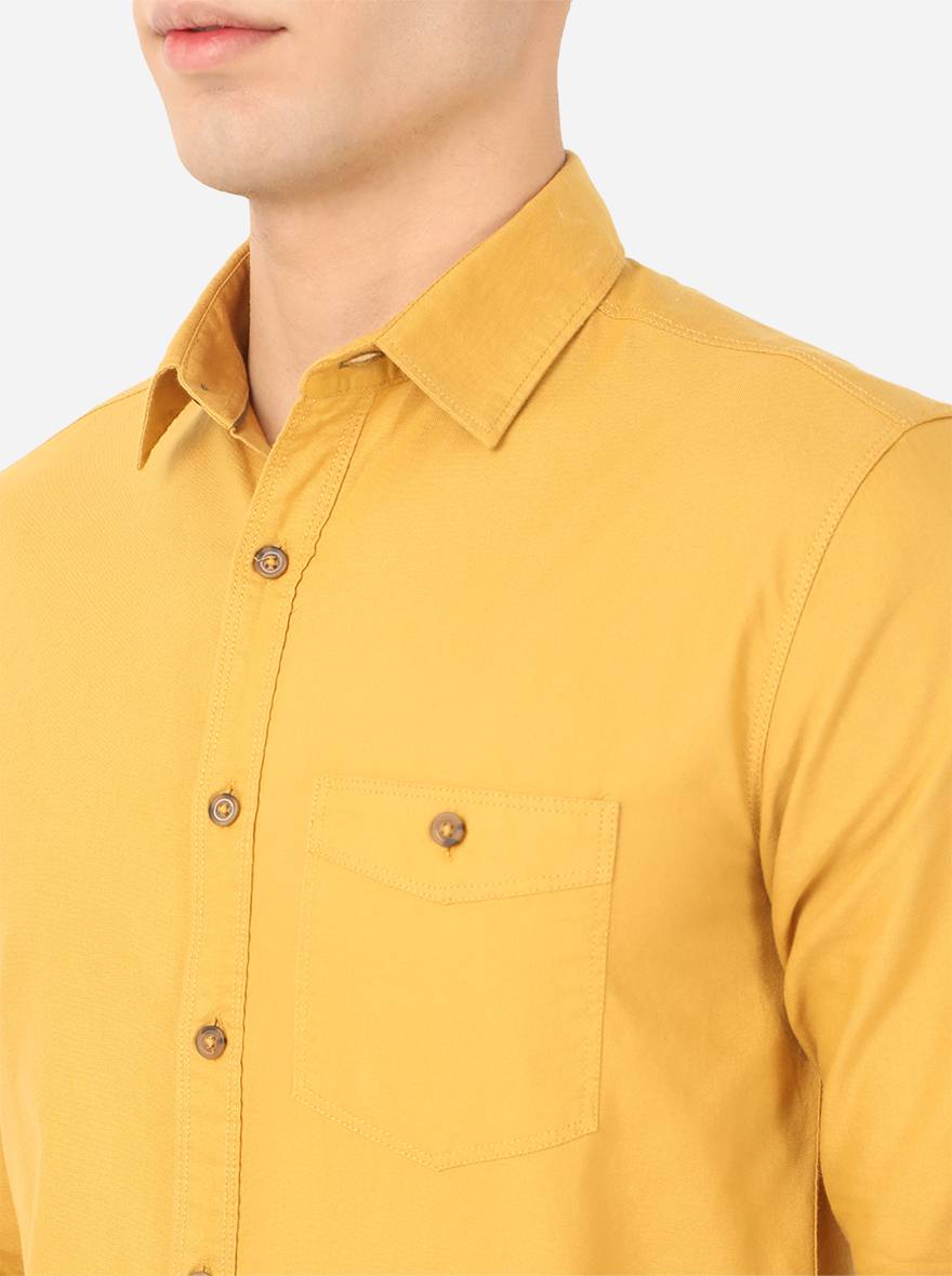 Mustard Yellow Solid Slim Fit Semi Casual Shirt | Greenfibre