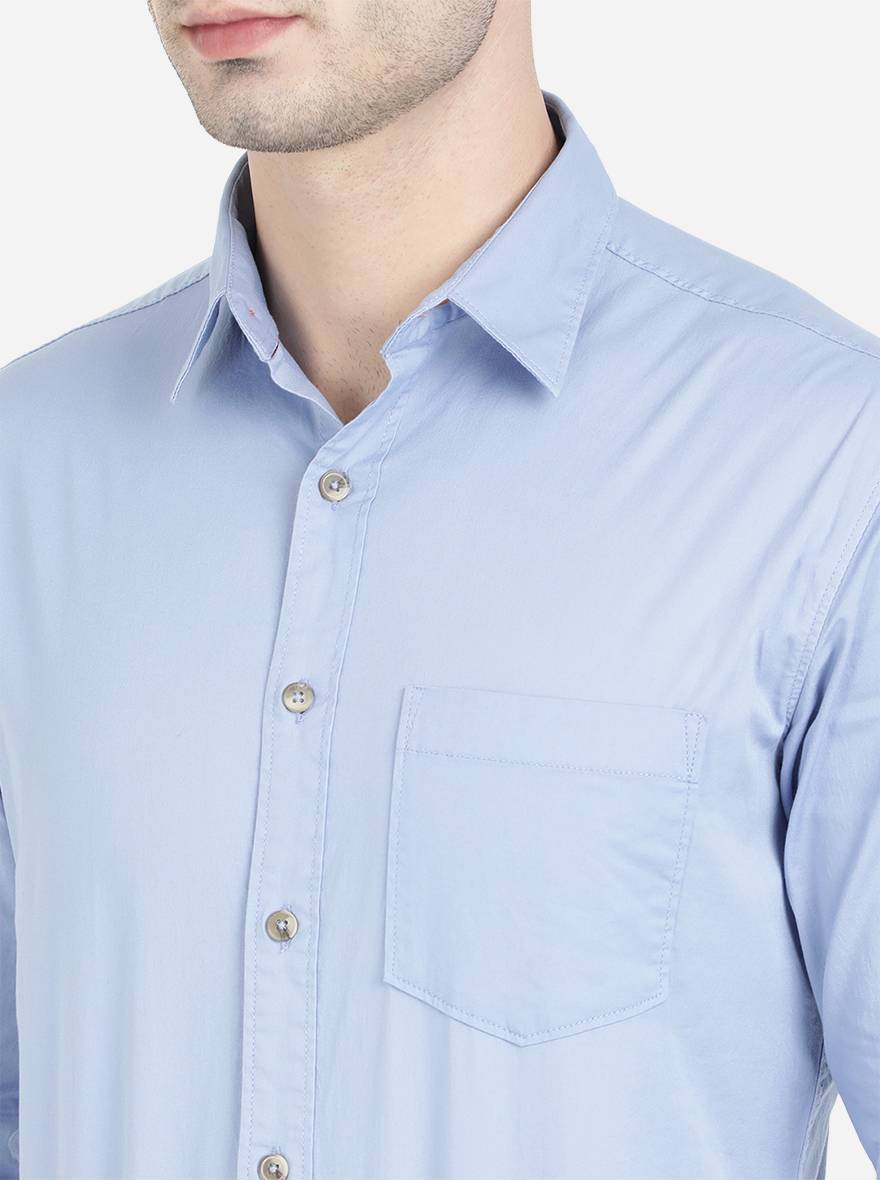 Light Blue Solid Slim Fit Semi Casual Shirt | Greenfibre