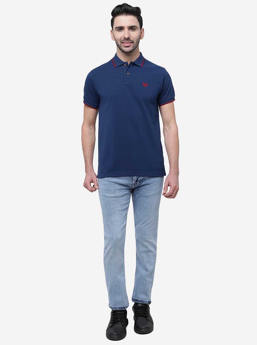 Navy Blue Solid Slim Fit Polo T-Shirt | Greenfibre