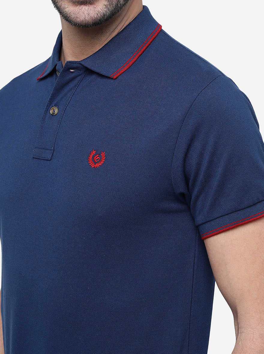 Navy Blue Solid Slim Fit Polo T-Shirt | Greenfibre