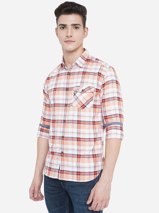 Salmon Peach Checked Slim Fit Semi Casual Shirt | Greenfibre