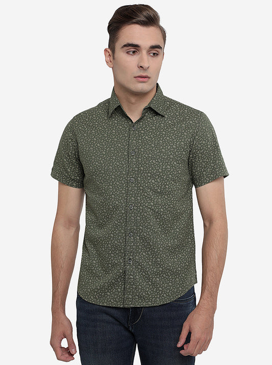 Olive Green Printed Slim Fit Semi Casual Shirt | Greenfibre