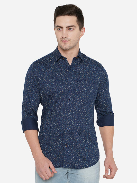 Navy Blue Printed Smart Fit Casual Shirt | Greenfibre