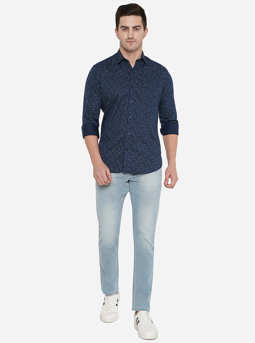 Navy Blue Printed Smart Fit Casual Shirt | Greenfibre