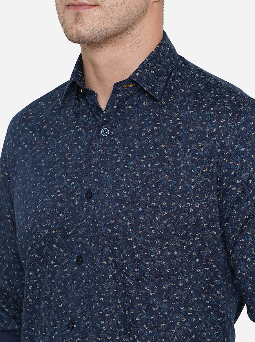 Navy Blue Printed Smart Fit Casual Shirt | Greenfibre
