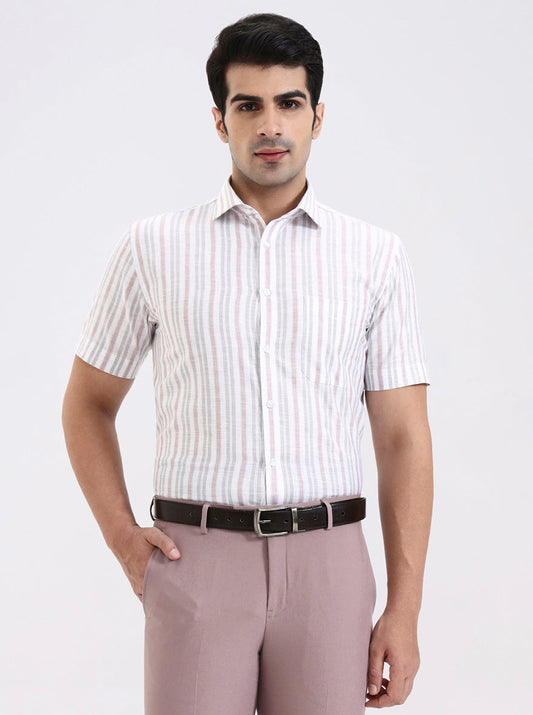 Grey & Pink Striped Regular Fit Formal Shirt | Greenfibre