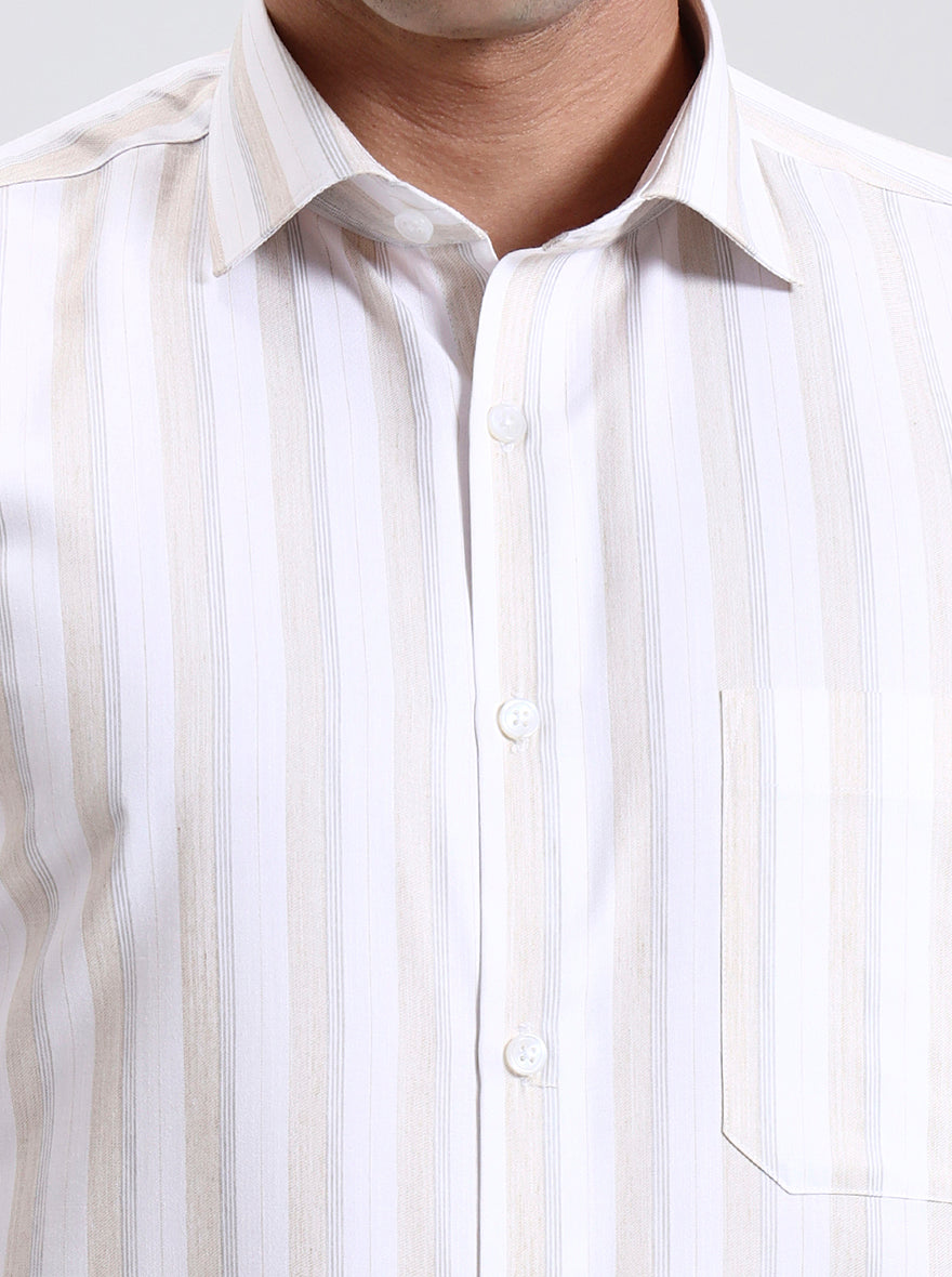 White & Fawn Striped Slim Fit Formal Shirt | Greenfibre
