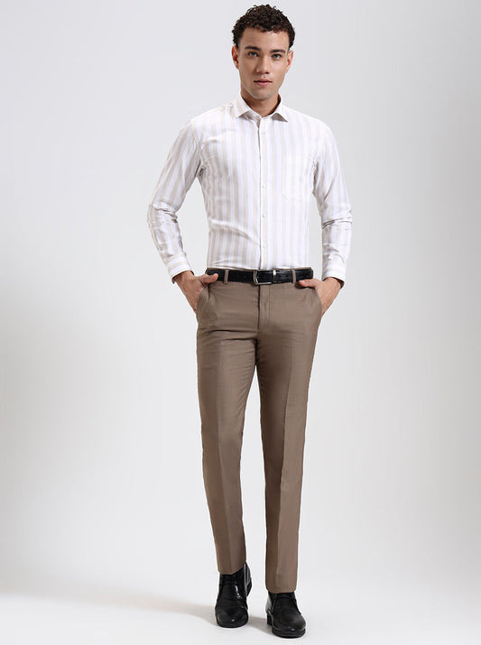 White & Fawn Striped Slim Fit Formal Shirt | Greenfibre