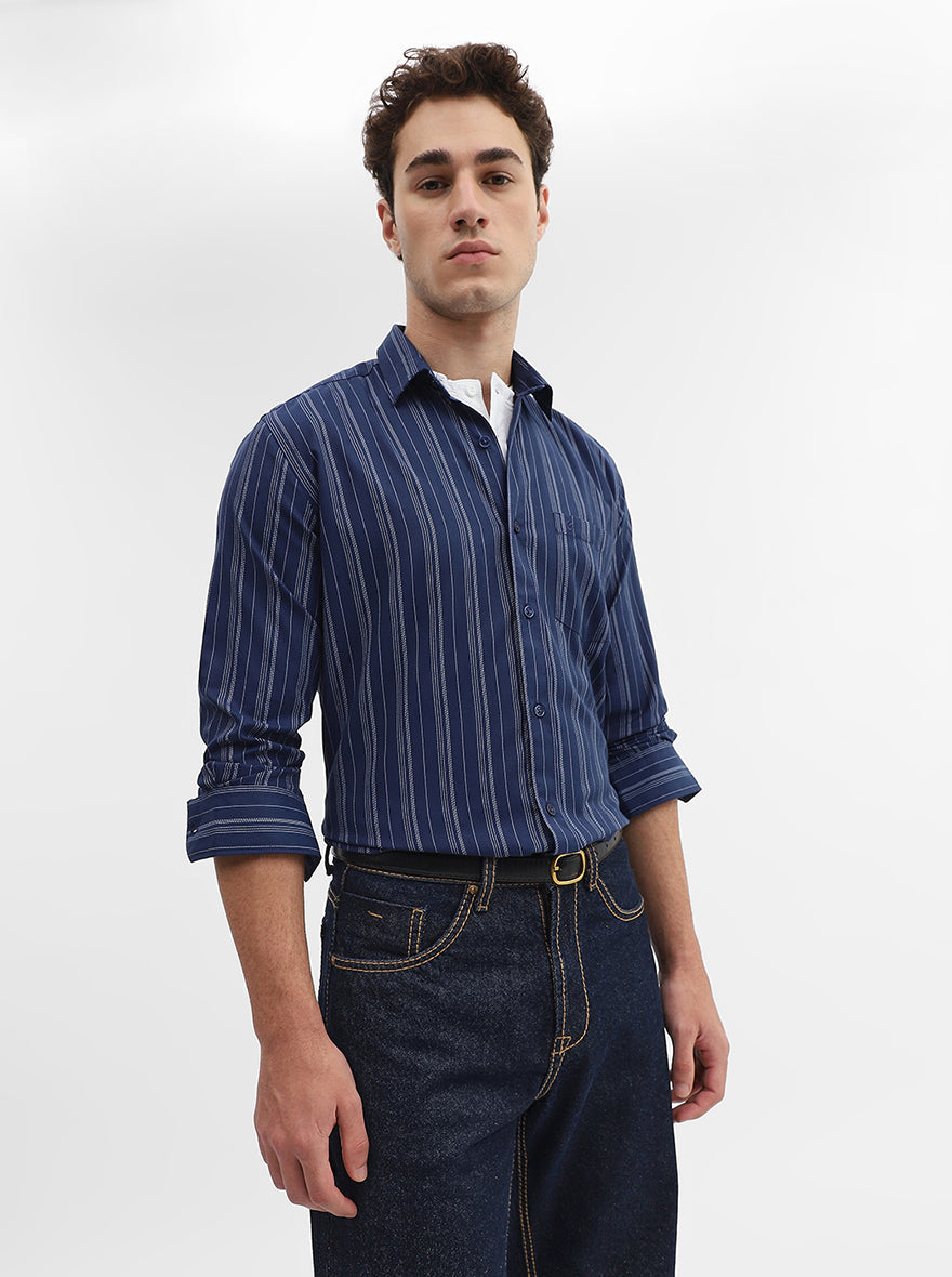 Navy Blue Striped Smart Fit Semi Casual Shirt | Greenfibre