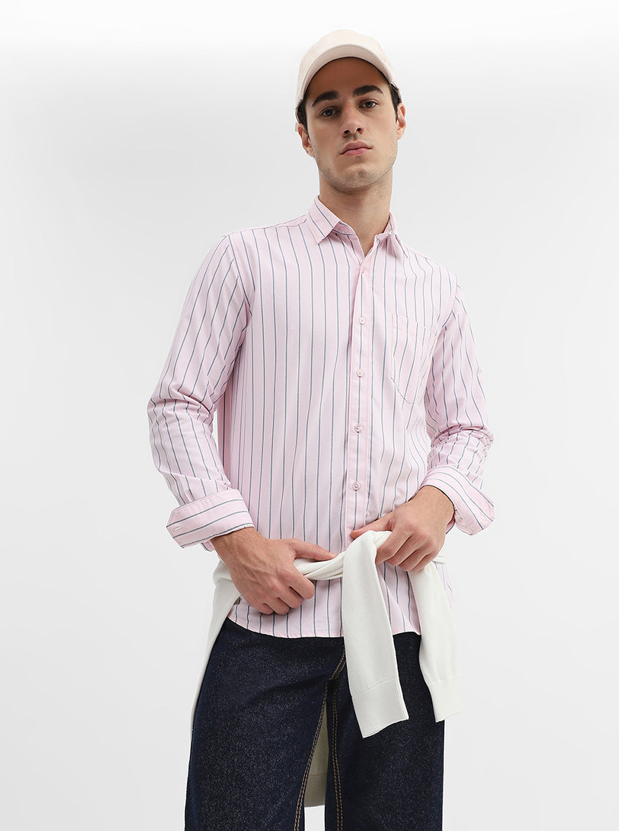 Light Pink Striped Smart Fit Semi Casual Shirt | Greenfibre