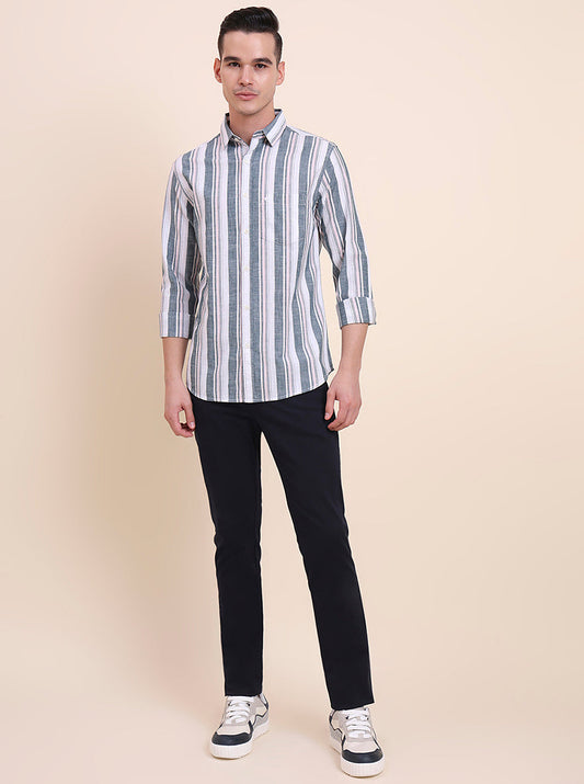 Dark Green Striped Slim Fit Casual Shirt | Greenfibre
