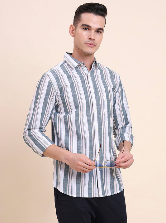 Dark Green Striped Slim Fit Casual Shirt | Greenfibre