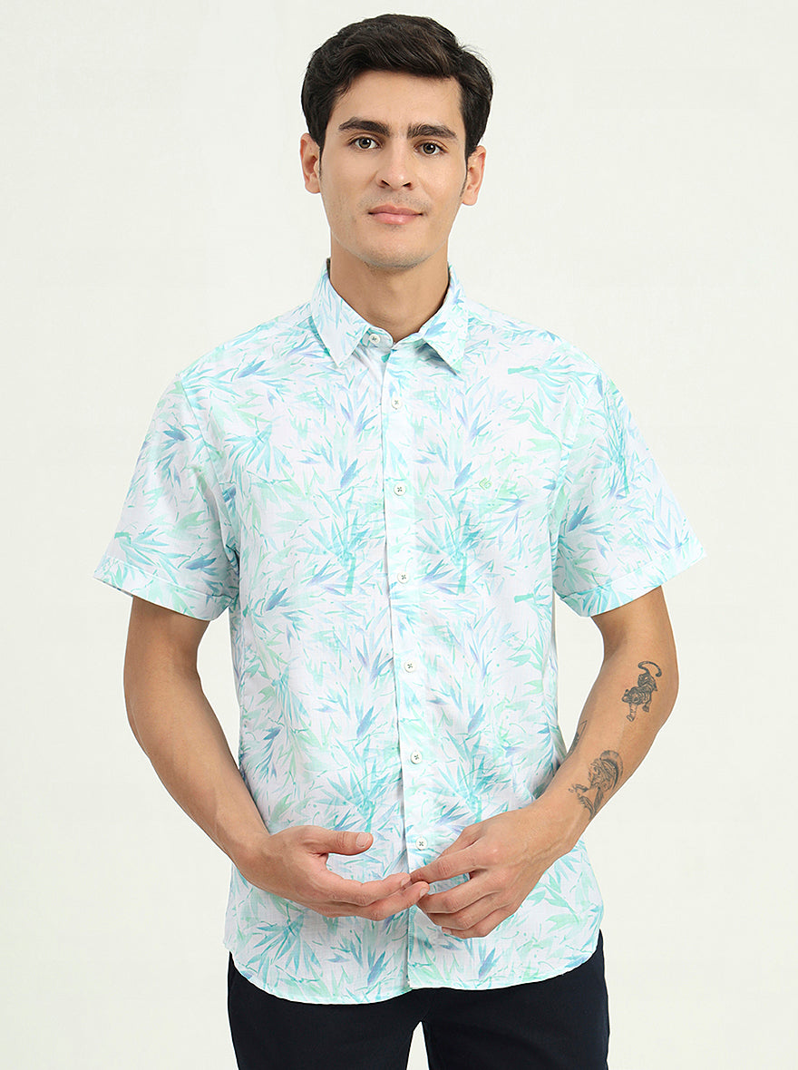 Turquoise Green Printed Slim Fit Casual Shirt | Greenfibre