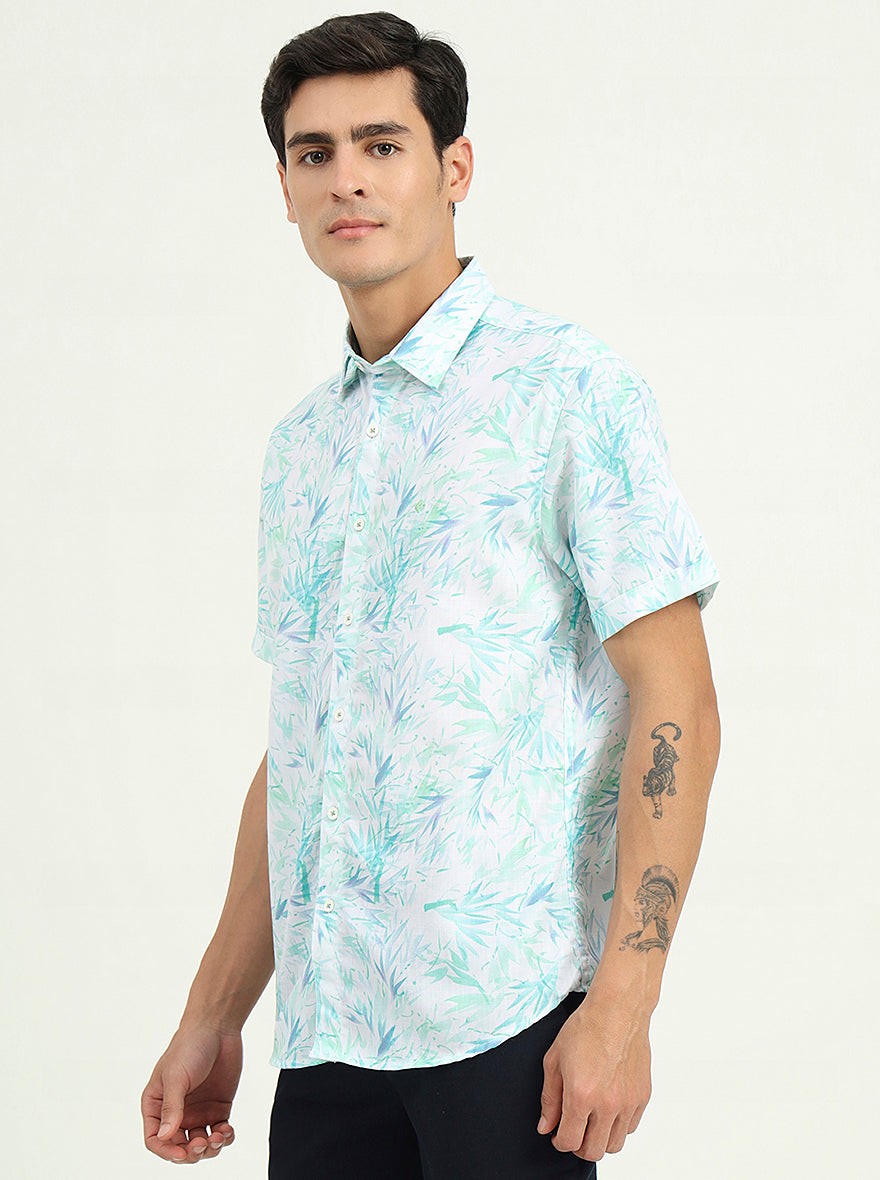Turquoise Green Printed Slim Fit Casual Shirt | Greenfibre