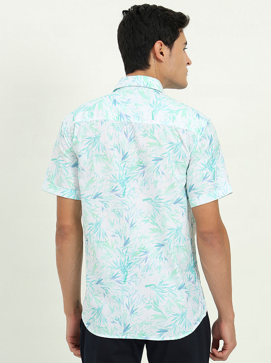 Turquoise Green Printed Slim Fit Casual Shirt | Greenfibre