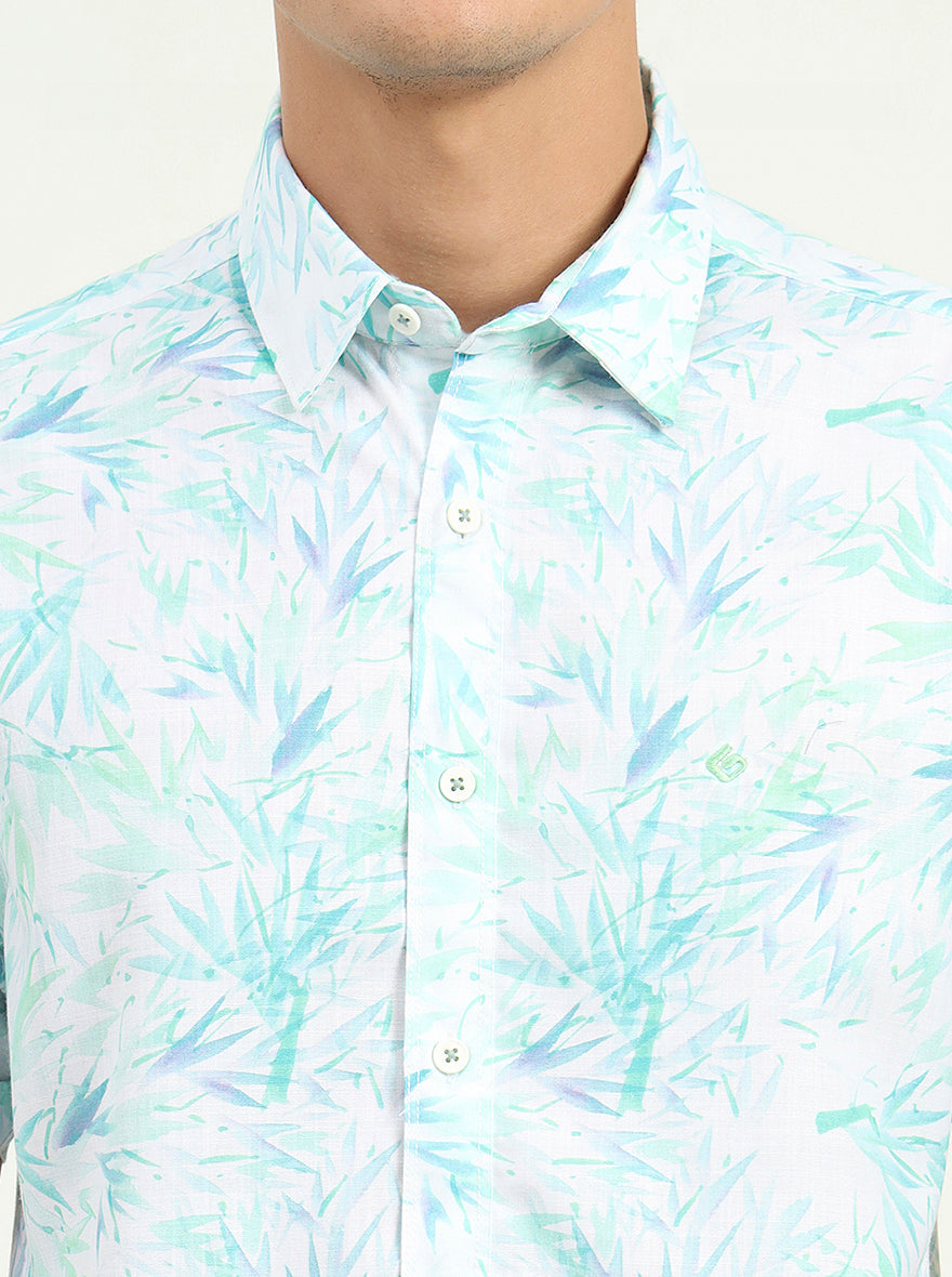 Turquoise Green Printed Slim Fit Casual Shirt | Greenfibre
