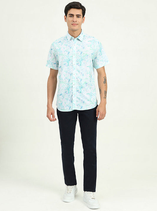 Turquoise Green Printed Slim Fit Casual Shirt | Greenfibre