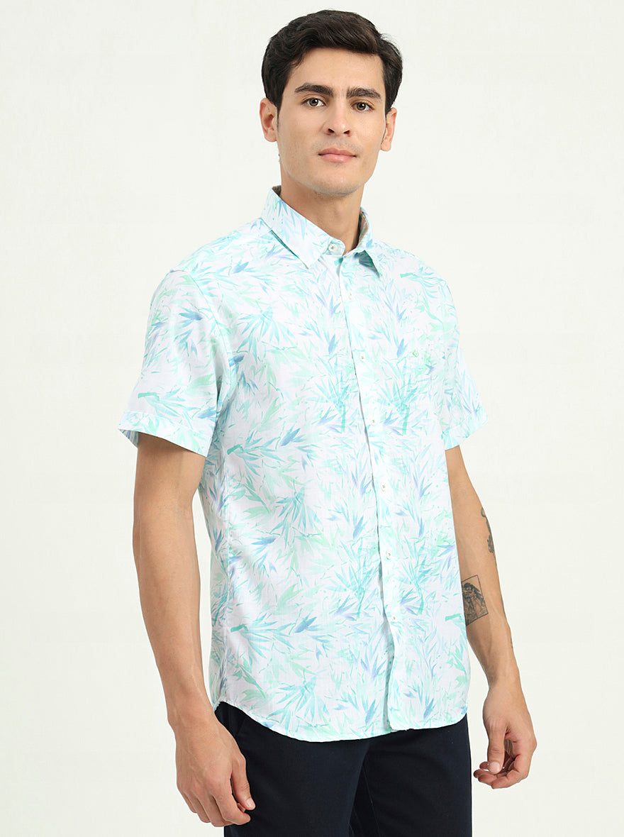 Turquoise Green Printed Slim Fit Casual Shirt | Greenfibre