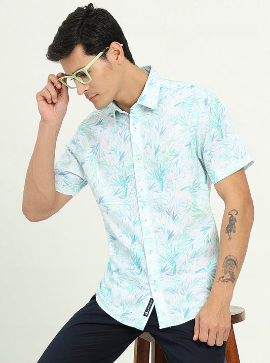 Turquoise Green Printed Slim Fit Casual Shirt | Greenfibre