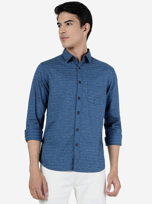 Deep Water Blue Printed Slim Fit Casual Shirt | Greenfibre