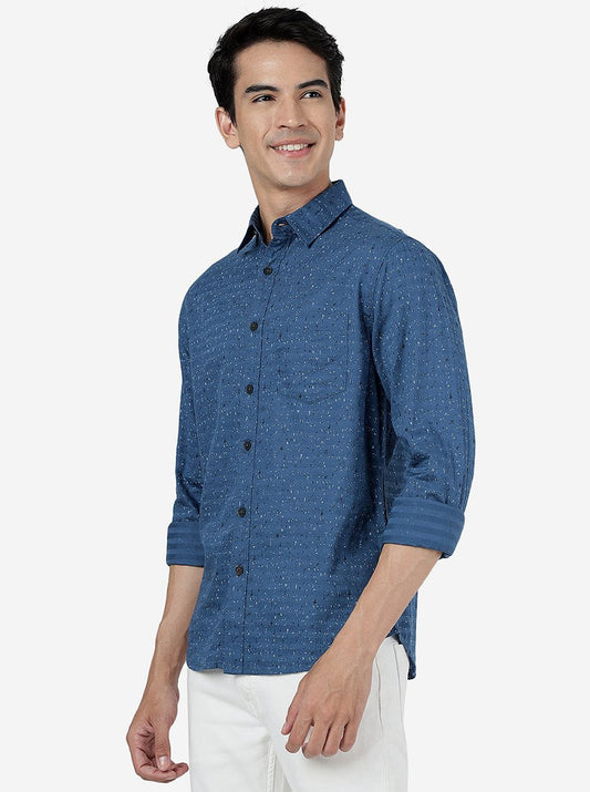 Deep Water Blue Printed Slim Fit Casual Shirt | Greenfibre