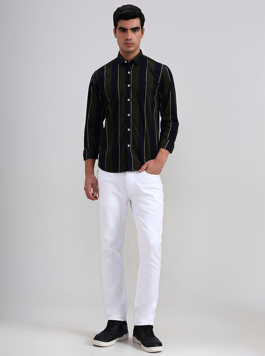 Olive Green Striped Slim Fit Casual Shirt | Greenfibre