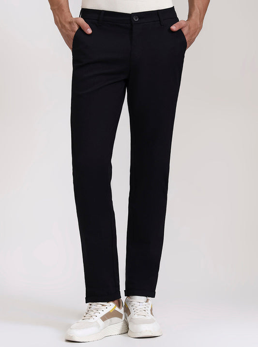 Black Solid Neo Fit Casual Trouser | Greenfibre