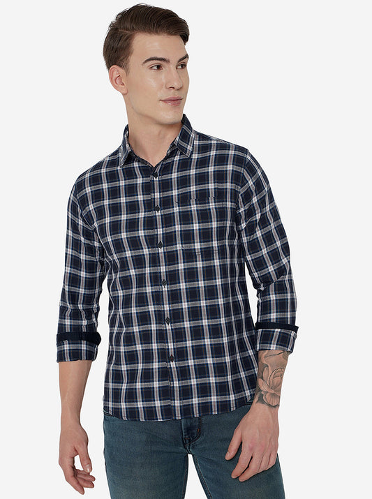 Navy Blue Checked Slim Fit Semi Casual Shirt | Greenfibre