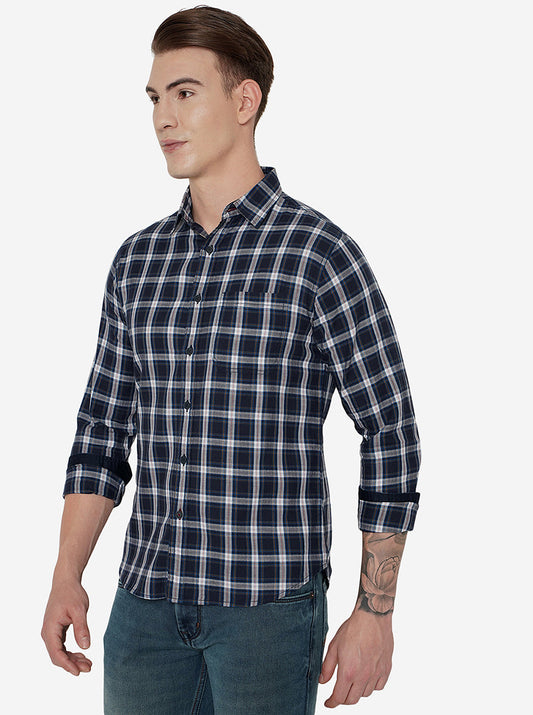 Navy Blue Checked Slim Fit Semi Casual Shirt | Greenfibre