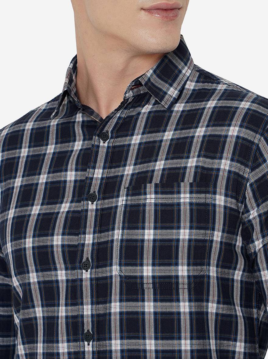 Navy Blue Checked Slim Fit Semi Casual Shirt | Greenfibre