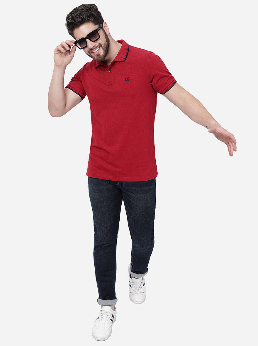 Maroon Solid Slim Fit Polo T-Shirt | Greenfibre