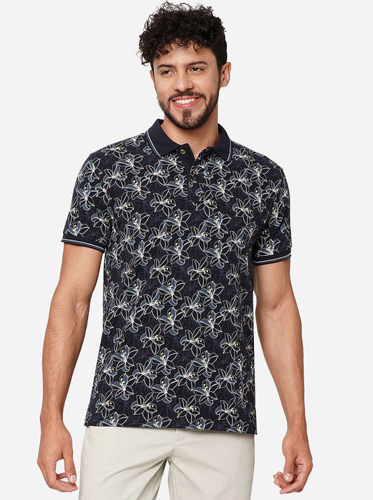Dark Navy Blue Printed Slim Fit Polo T-Shirt | Greenfibre