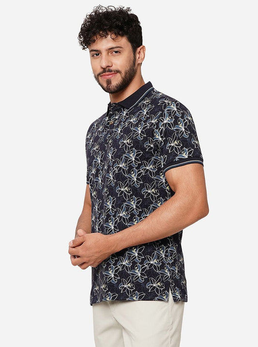Dark Navy Blue Printed Slim Fit Polo T-Shirt | Greenfibre