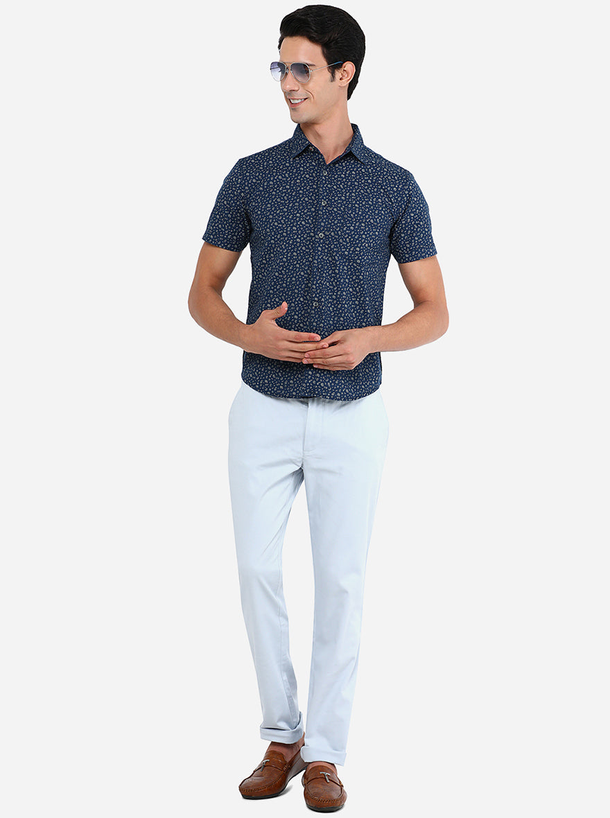 Blue & Grey Printed Slim Fit Semi Casual Shirt | Greenfibre