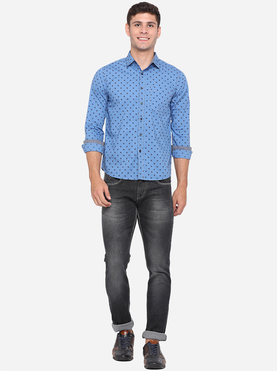 Campanula Blue Printed Slim Fit Semi Casual Shirt | Greenfibre