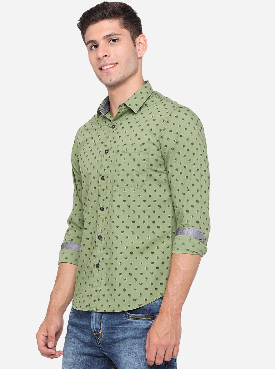 Meadow Green Printed Slim Fit Semi Casual Shirt | Greenfibre