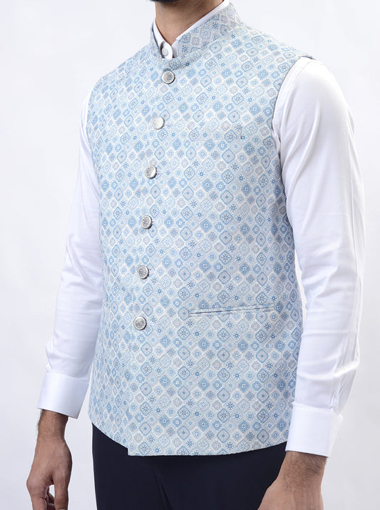 Light Blue Printed Regular Fit Bandhgala Jacket | Greenfibre