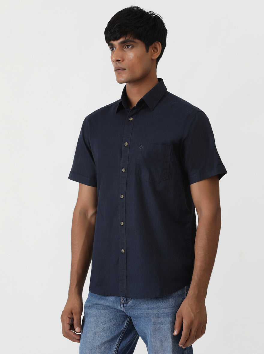Navy Blue Solid Slim Fit Casual Shirt | Greenfibre