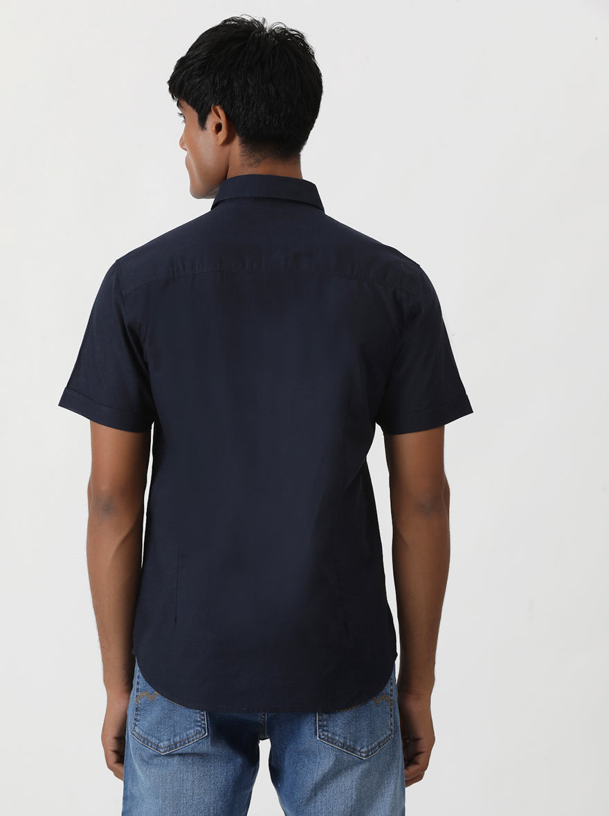 Navy Blue Solid Slim Fit Casual Shirt | Greenfibre