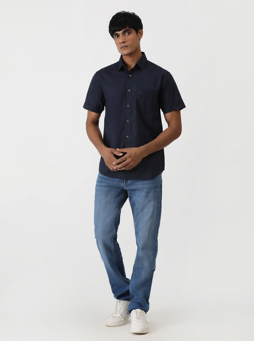 Navy Blue Solid Slim Fit Casual Shirt | Greenfibre