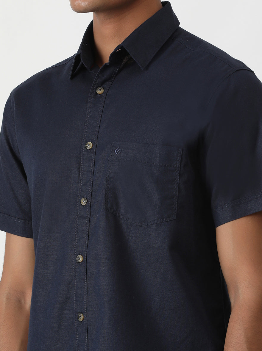 Navy Blue Solid Slim Fit Casual Shirt | Greenfibre
