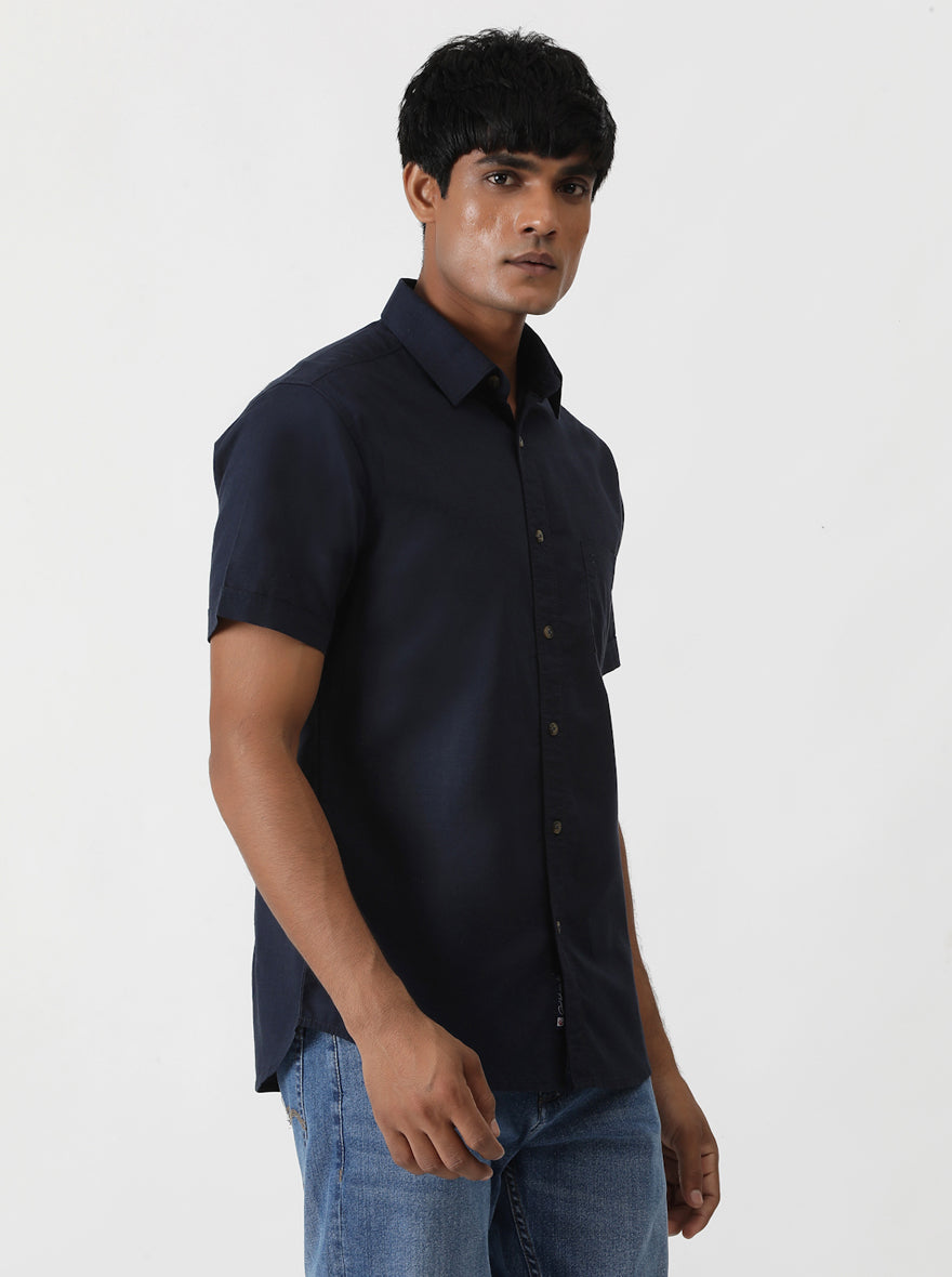 Navy Blue Solid Slim Fit Casual Shirt | Greenfibre