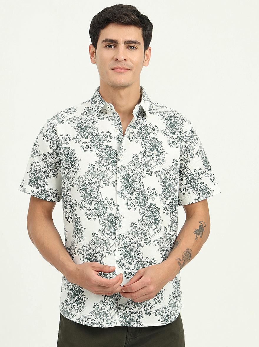 White & Green Printed Slim Fit Casual Shirt | Greenfibre
