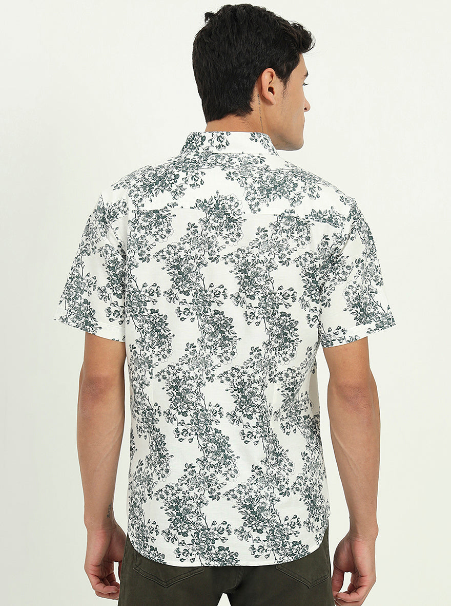 White & Green Printed Slim Fit Casual Shirt | Greenfibre