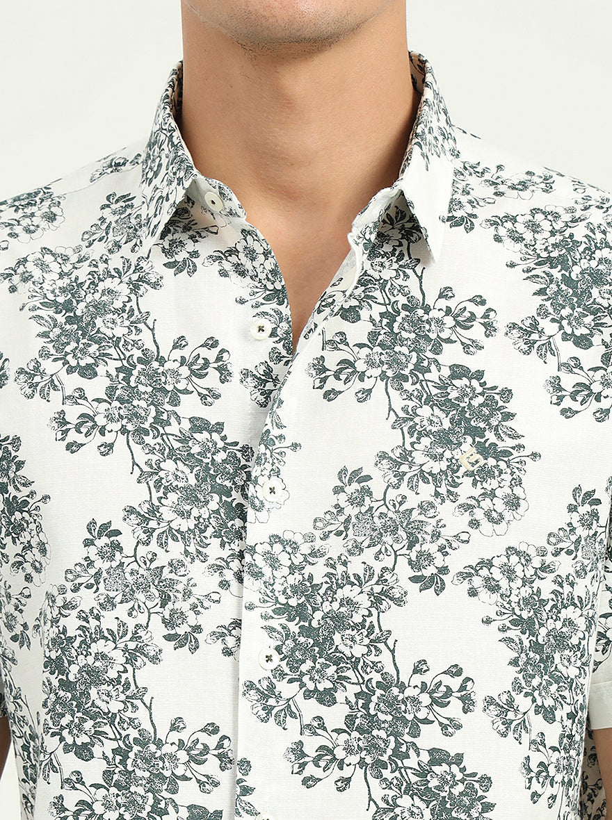 White & Green Printed Slim Fit Casual Shirt | Greenfibre