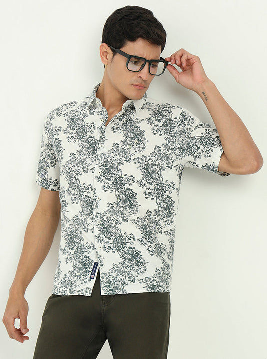 White & Green Printed Slim Fit Casual Shirt | Greenfibre