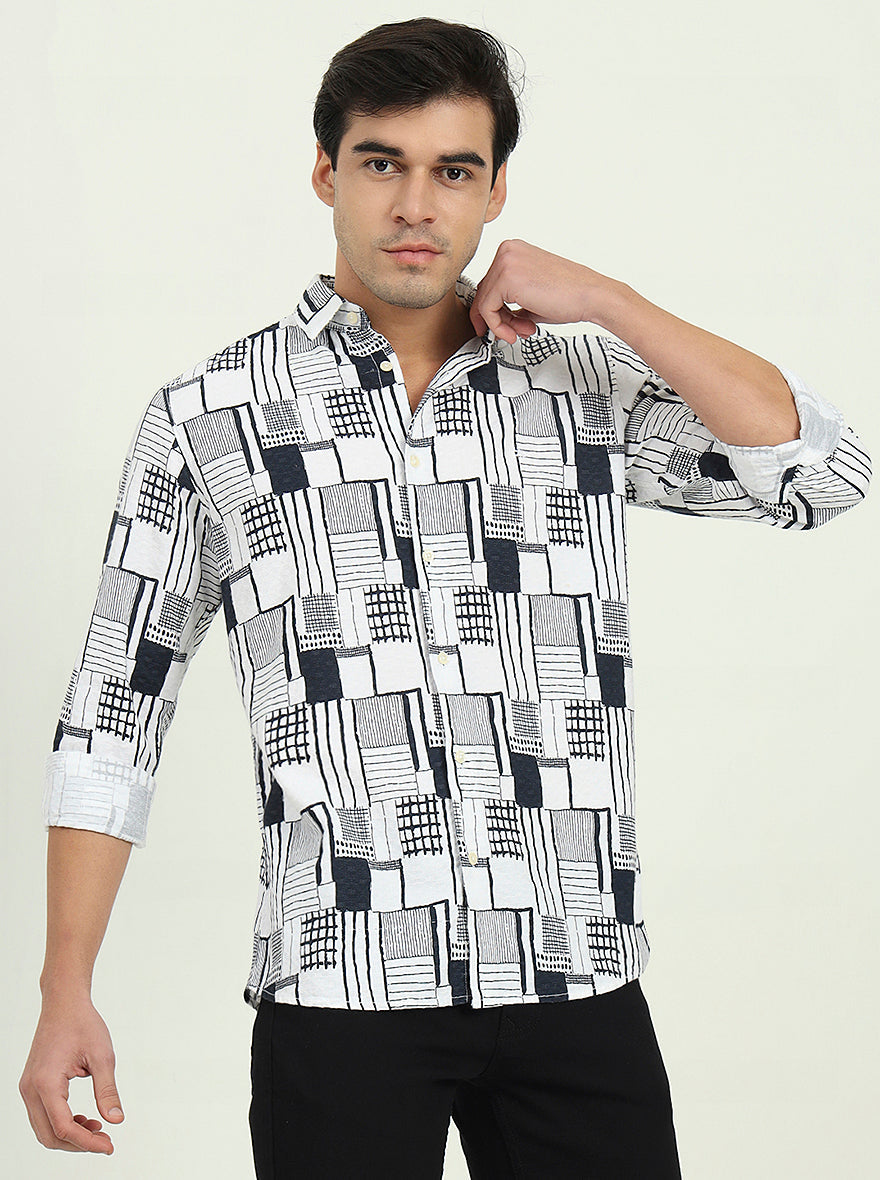 White & Black Printed Slim Fit Casual Shirt | JadeBlue