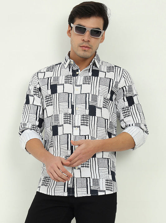 White & Black Printed Slim Fit Casual Shirt | JadeBlue