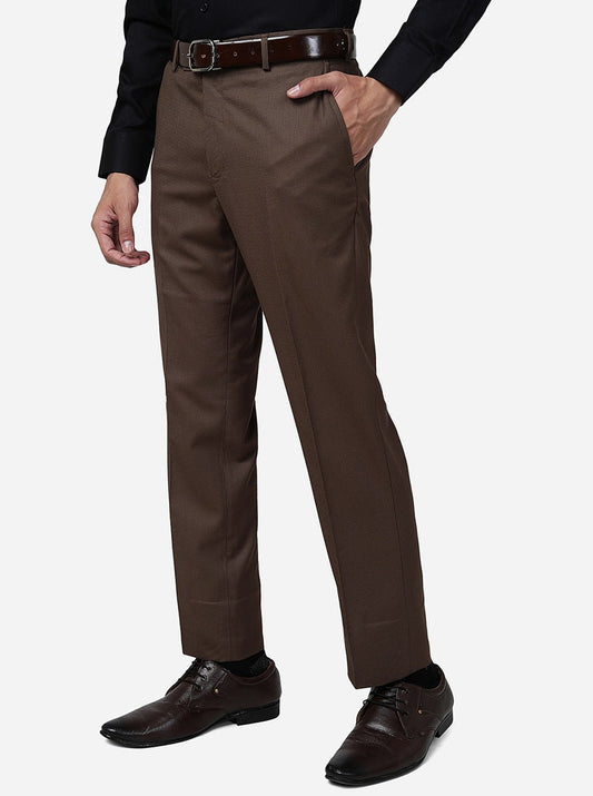 Brown Solid Slim Fit Formal Trouser | Greenfibre
